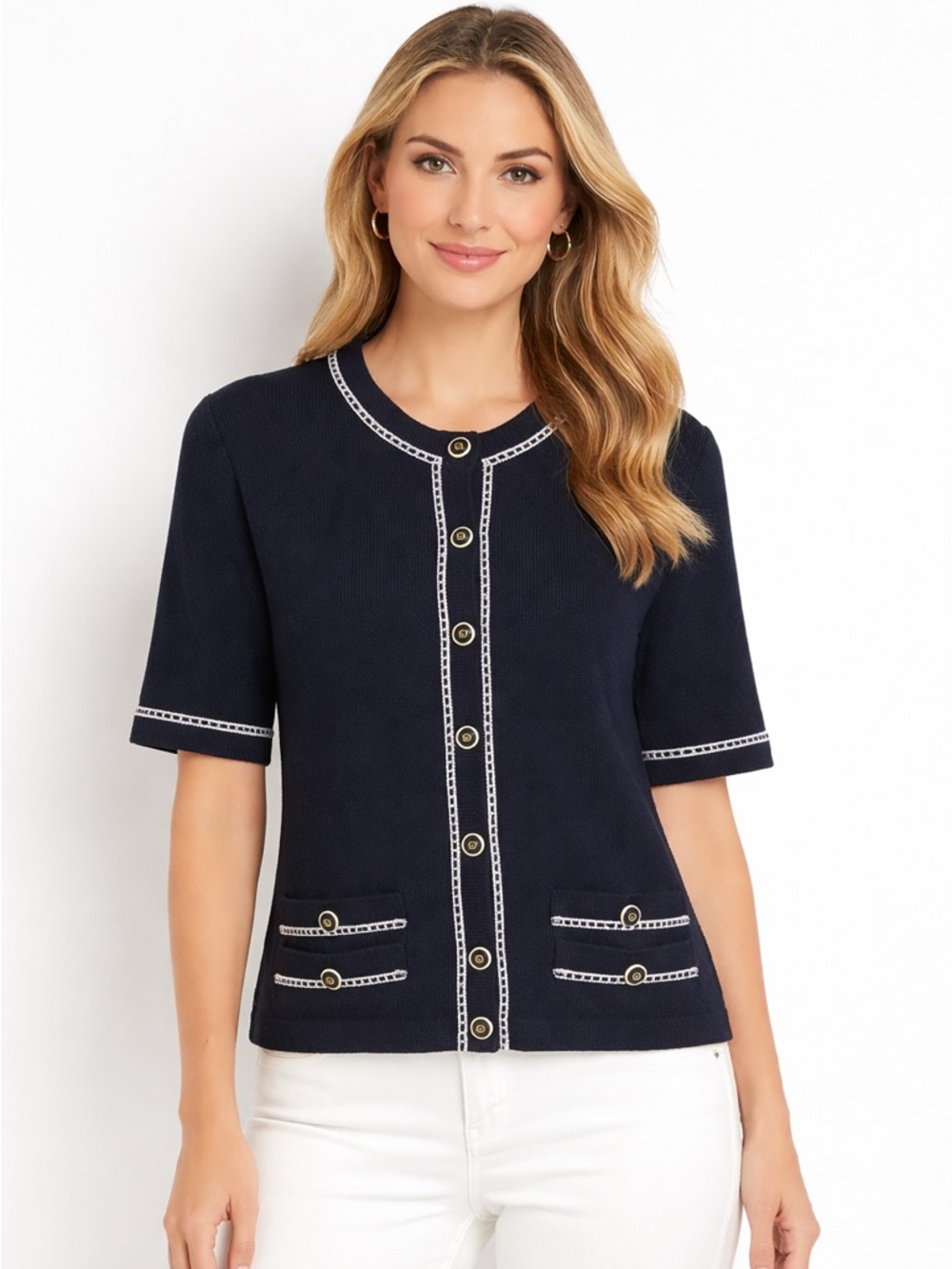 St John Collection Black Knit Cardigan Gold Button Trim Jacket L